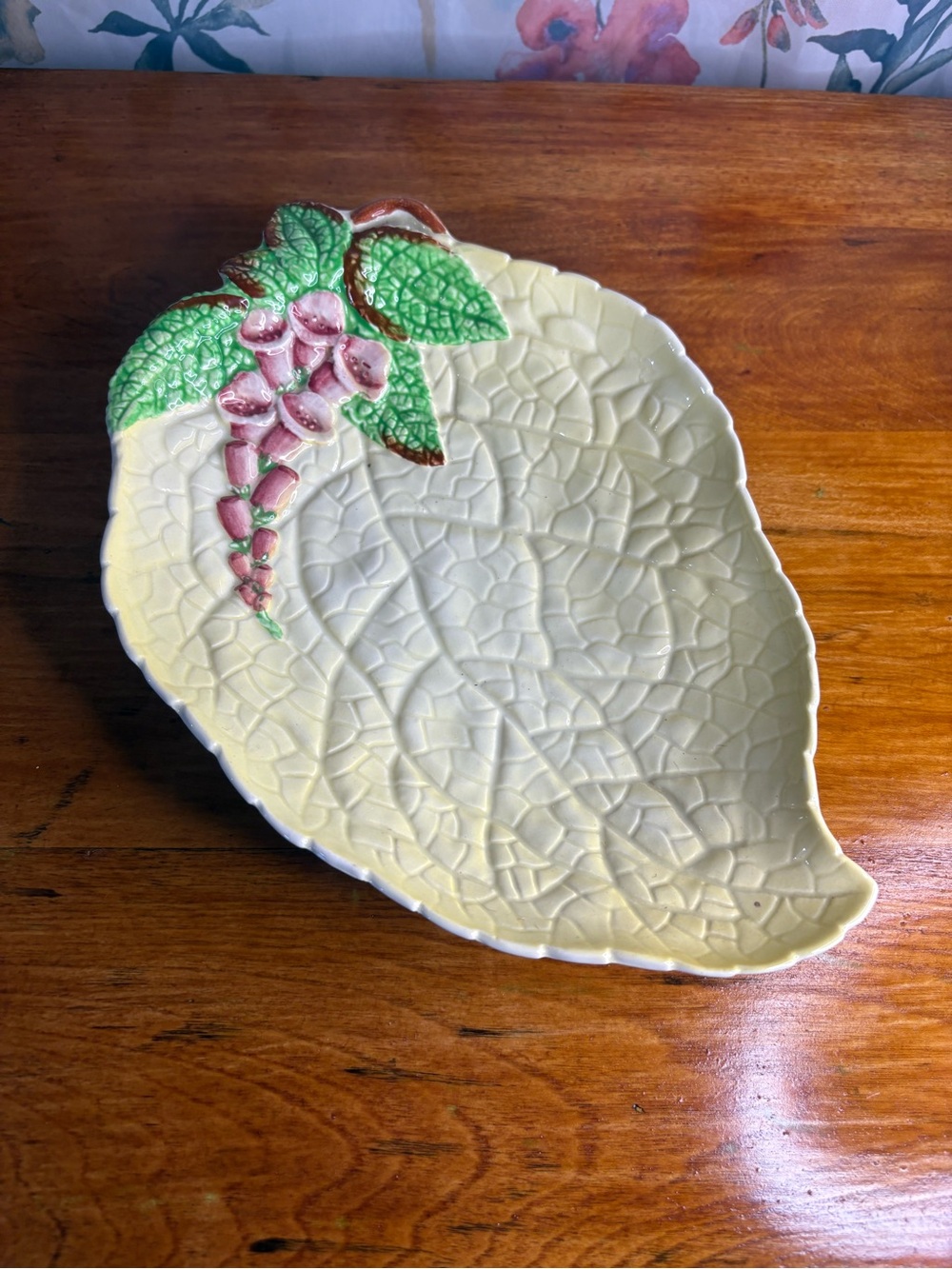 Vintage Leaf-Shaped Ceramic Platter in Pale Yellow with Green and Pink Accents